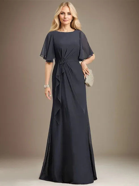 A-Linien Rundhals bodenlanges Chiffon Mutter der Braut Kleid mit kaskadierenden Rüschen Perlen Pailletten