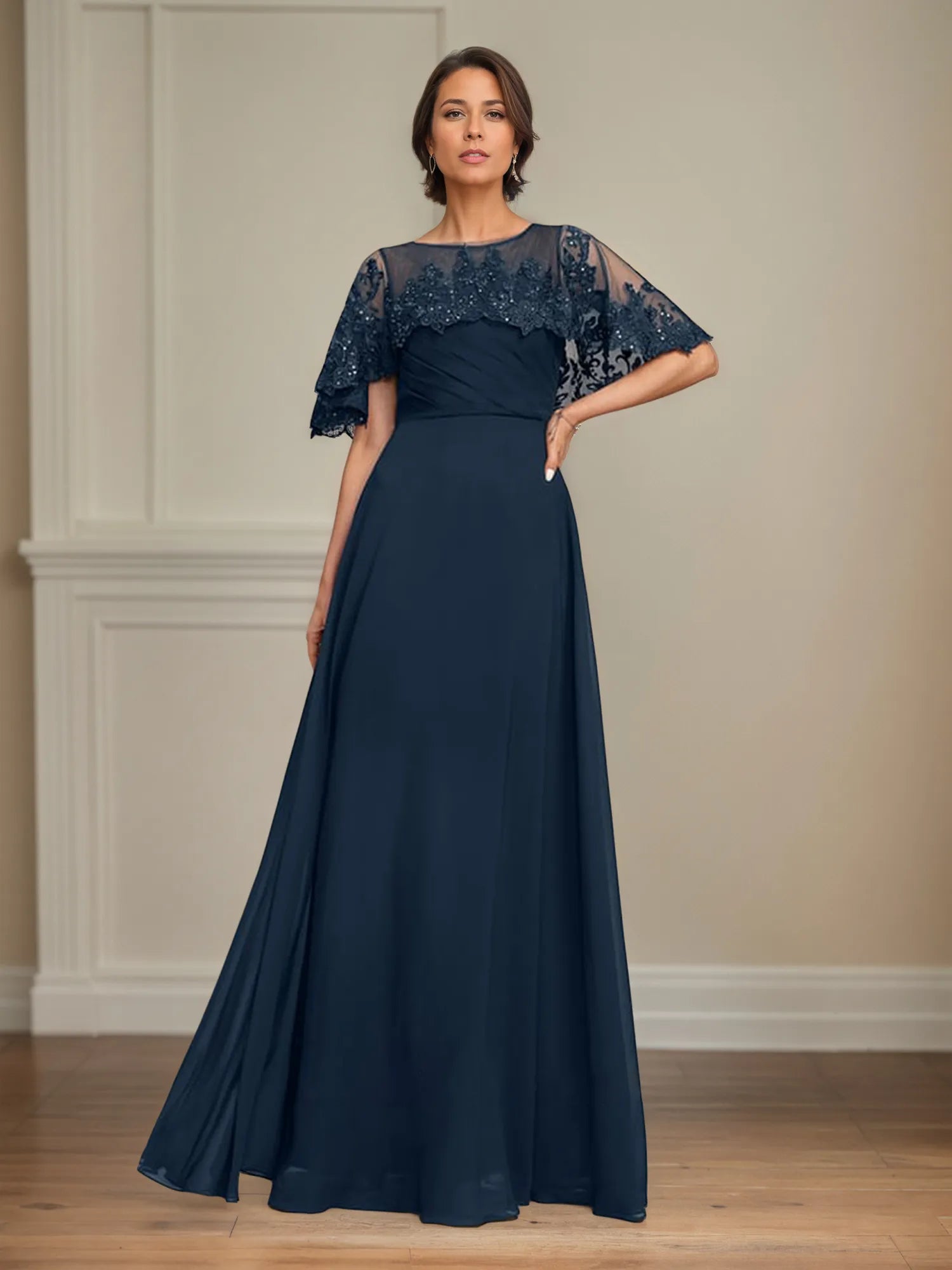 A Line Scoop Floor Length Chiffon Mother of the Bride Dress With Pleated Sequins
