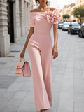 Women Pink 3D Floral Off The Shoulder Short Sleeve Dressy Jumpsuit