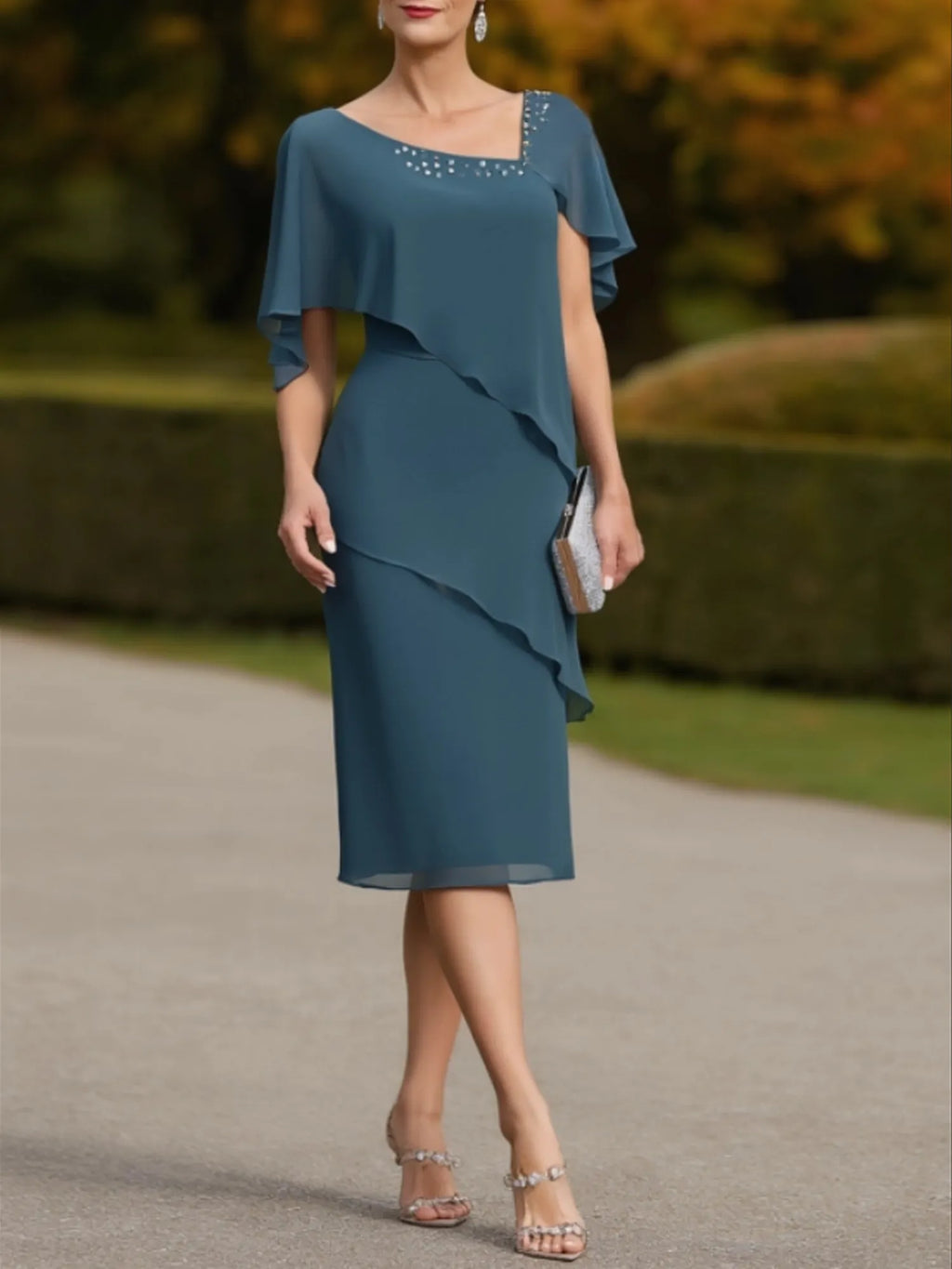 Vestido para madre de la novia azul asimétrico en capas hasta la rodilla