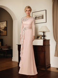 Elegantes, rosafarbenes Satin-Brautmutterkleid mit langen Ärmeln