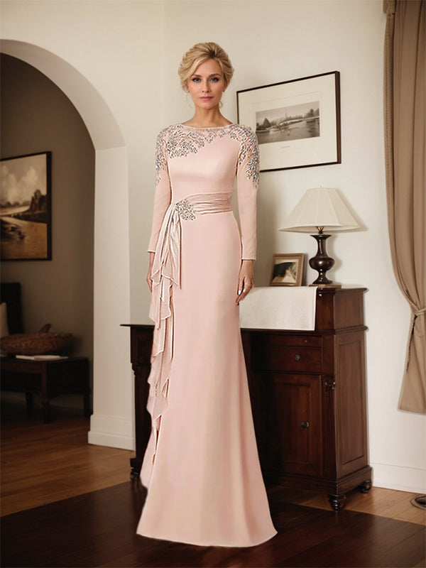 Elegantes, rosafarbenes Satin-Brautmutterkleid mit langen Ärmeln