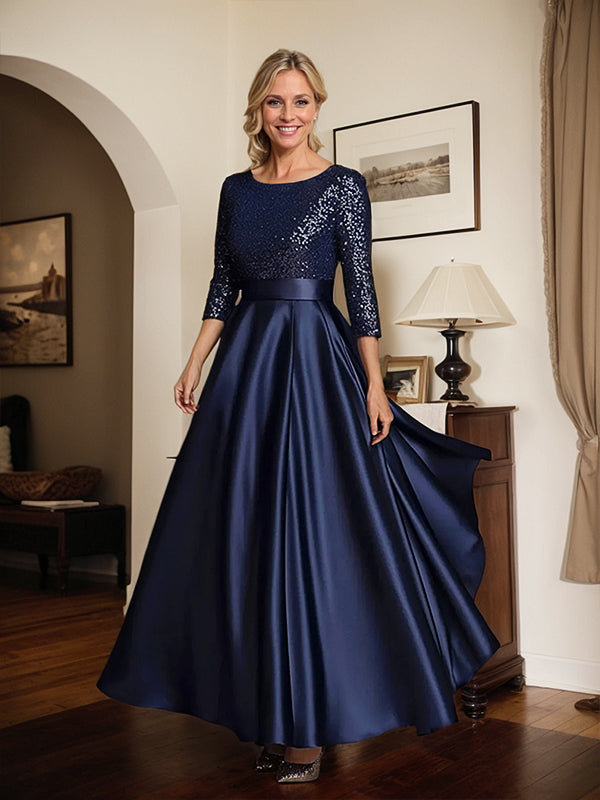 Sparkly Navy Scoop Neck Satin Mother of the Bride Dress with Sequins