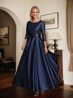 Sparkly Navy Scoop Neck Satin Mother of the Bride Dress with Sequins