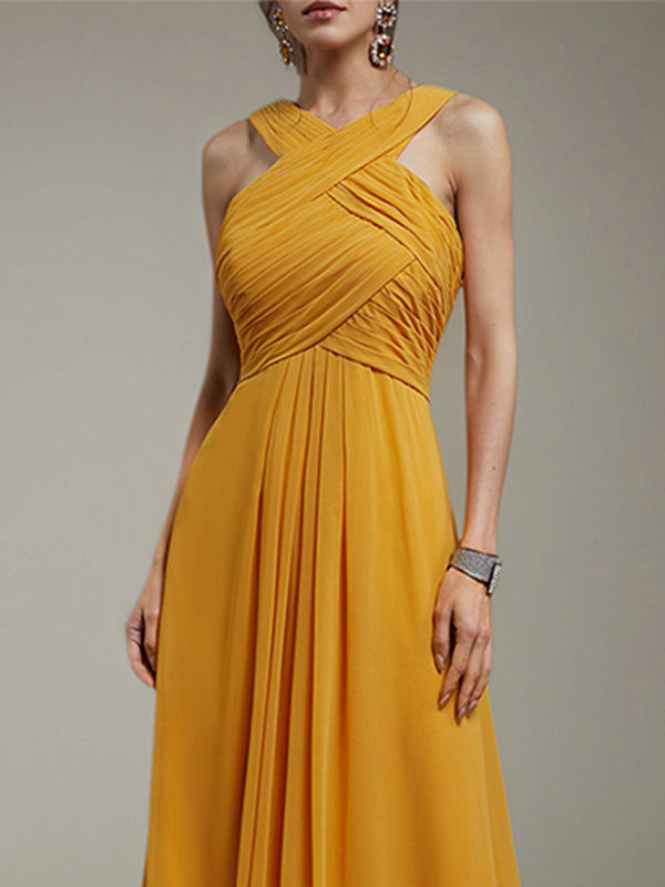 A-Linien gelbes Chiffon Kleid mit gekreuztem Ausschnitt, ärmellos und bodenlang