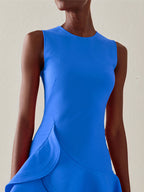 A Line Blue Stretch Crepe Round Neck Sleeveless Dress With Ruffles