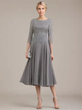 A-line Scoop Tea-Length Lace Chiffon Mother of the Bride Dress