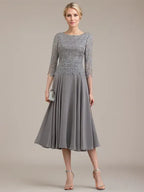 A-line Scoop Tea-Length Lace Chiffon Mother of the Bride Dress