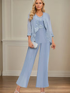 Elegante y sencillo traje pantalón para madre de la novia con escote redondo largo hasta el suelo para invitada de boda