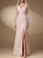 Evening Dress Pink V Neck Slit Maxi Dress