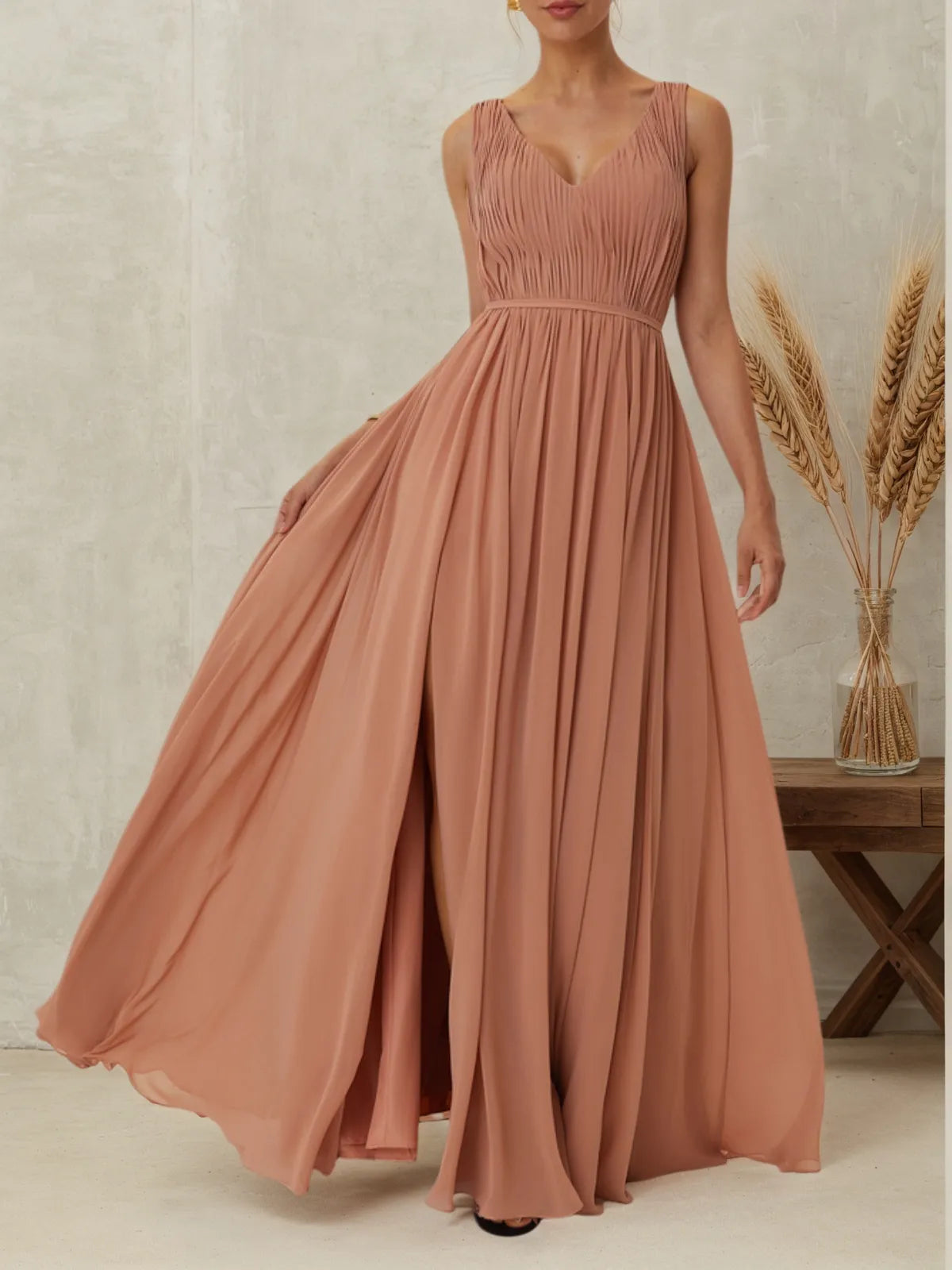 Vestido de Festa Rosa com Franzido, Decote em V, Sem Mangas, Corte A, Longo, para Madrinhas