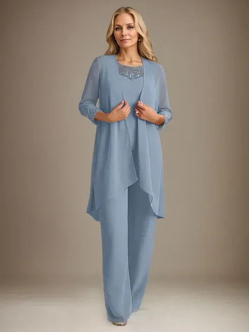 Chiffon Kleid mit Rundhalsausschnitt und langen Ärmeln, Mutter-der-Braut Hosenanzug mit Jacke