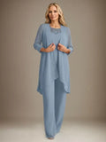 Chiffon Kleid mit Rundhalsausschnitt und langen Ärmeln, Mutter-der-Braut Hosenanzug mit Jacke