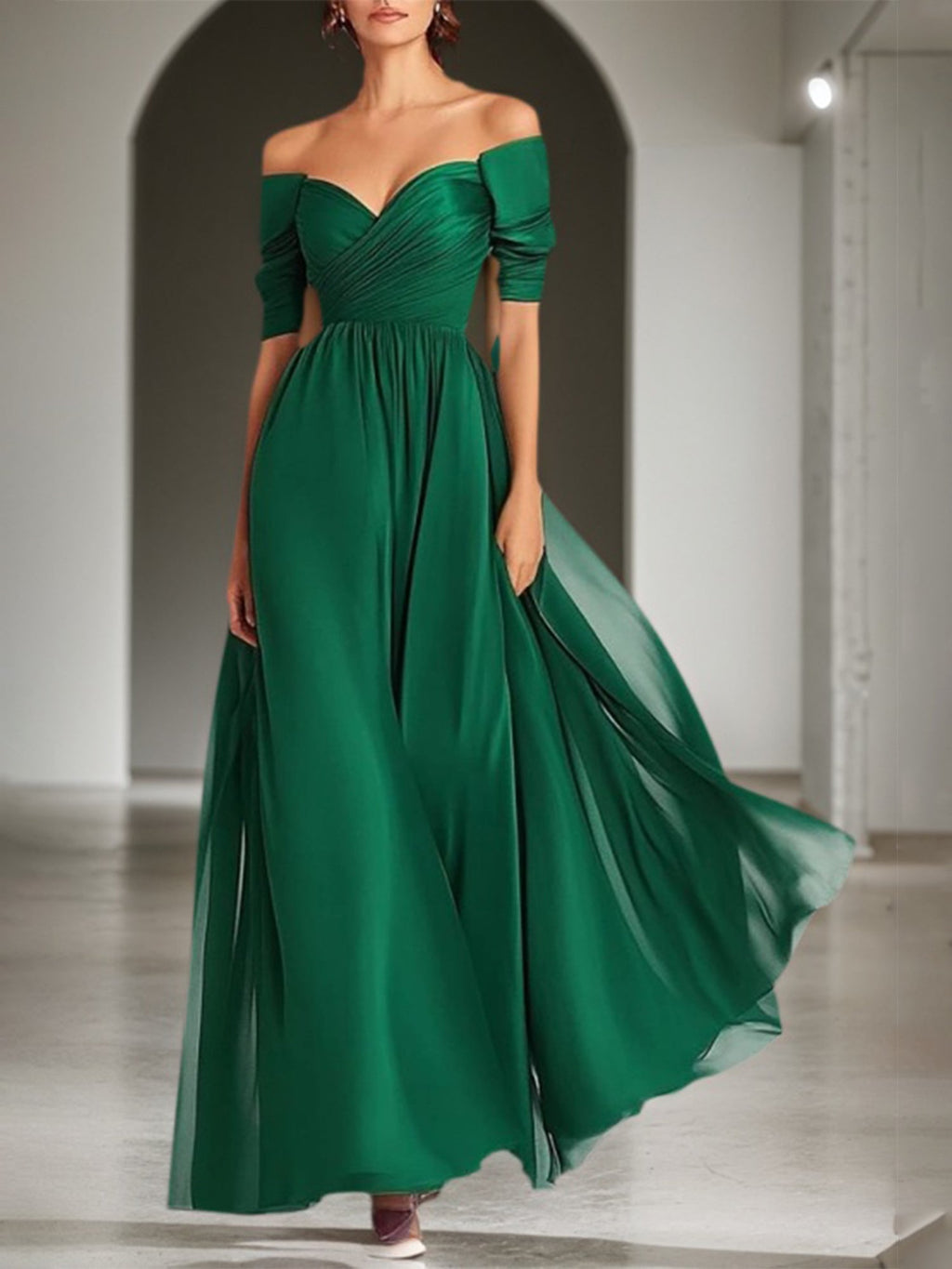 Formal Evening Gown Dark Green Off-The-Shoulder Chiffon Short Sleeve Maxi Dress