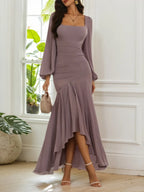 Vestido para invitada de boda de otoño, maxi morado con escote cuadrado y volantes