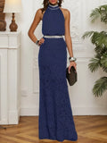 Bläulich-lila Meerjungfrau-Kleid mit Rüschen, Spitze, Neckholder, ärmellos, mit Strasssteinen