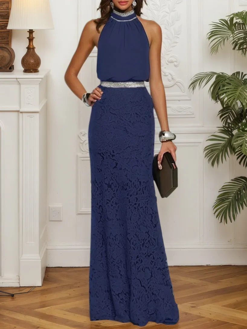 Bläulich-lila Meerjungfrau-Kleid mit Rüschen, Spitze, Neckholder, ärmellos, mit Strasssteinen