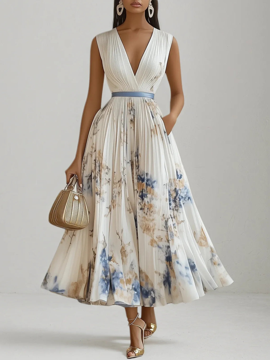 Abito midi bianco in chiffon plissettato con motivi floreali, scollo a V e senza maniche, linea a trapezio