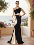 One Shoulder Mermaid Satin Pleat Evening Dresses with Bow