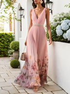Rosa Plissiertes Blumenmuster Tiefes V-Ausschnitt A-Linien Maxikleid aus Chiffon