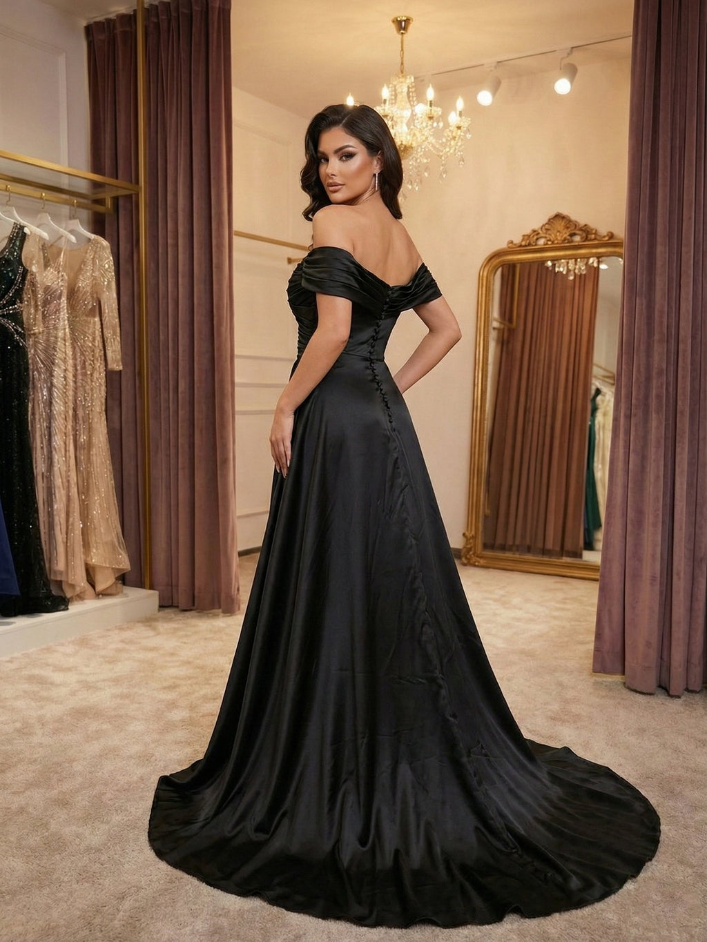 Vestido longo de baile preto em cetim, ombro a ombro, drapeado