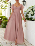 Rosa gerafftes Chiffon-Maxikleid mit Schnürung, quadratischem Ausschnitt, Trägern und Glockenärmeln im A-Linien-Stil