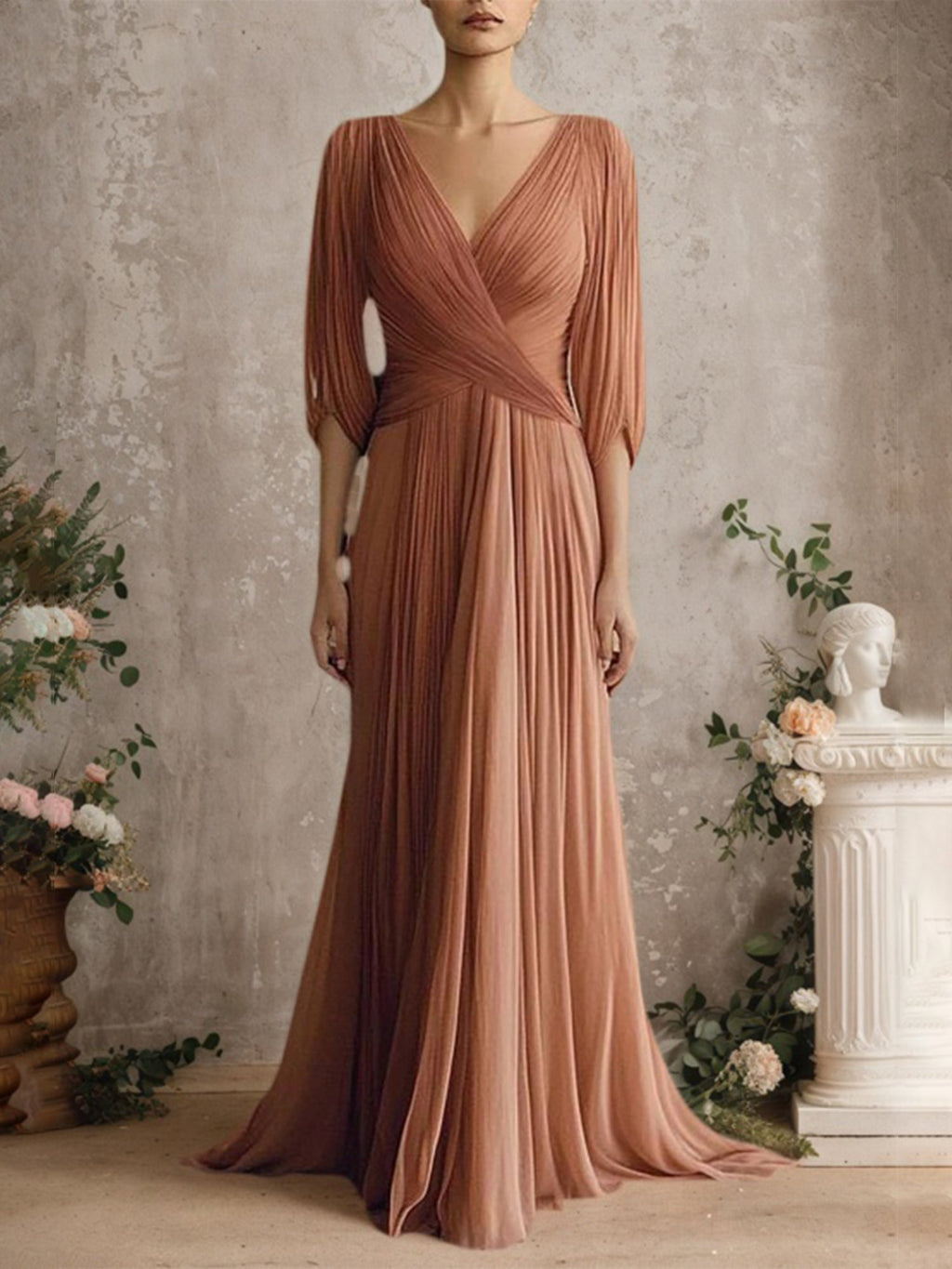 Elegant Evening Dress Cross Neck Puff Sleeve Draped Pleated Maxi Dress