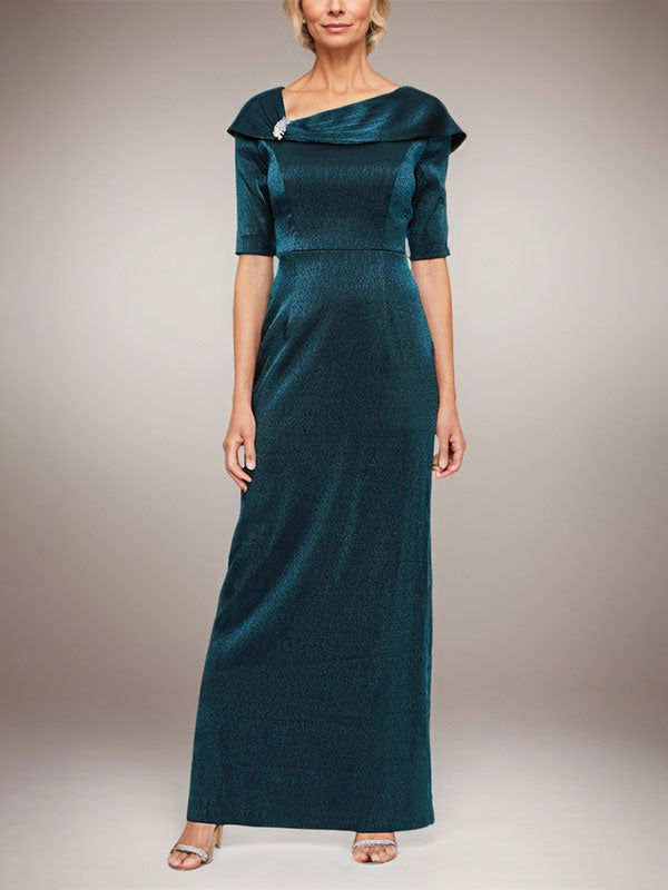 Langes schimmerndes Säulenkleid mit umgeschlagenem Ärmelbündchen, L-Ausschnitt und Ellbogenärmeln