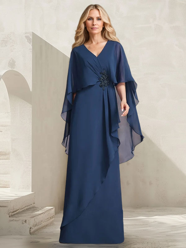 Vestido largo línea A de gasa para madre de la novia con escote en V, volantes en cascada y cuentas