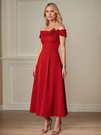 A Line 3D Floral Off the Shoulder Tea Length Mother of the Bride Dress