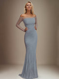 Evening Prom Gown Off Shoulder Glitter Pleated Light Blue Maxi Dress