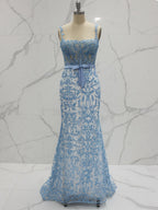Blue Floral Sweetheart Spaghetti Straps Long Corset Prom Dress