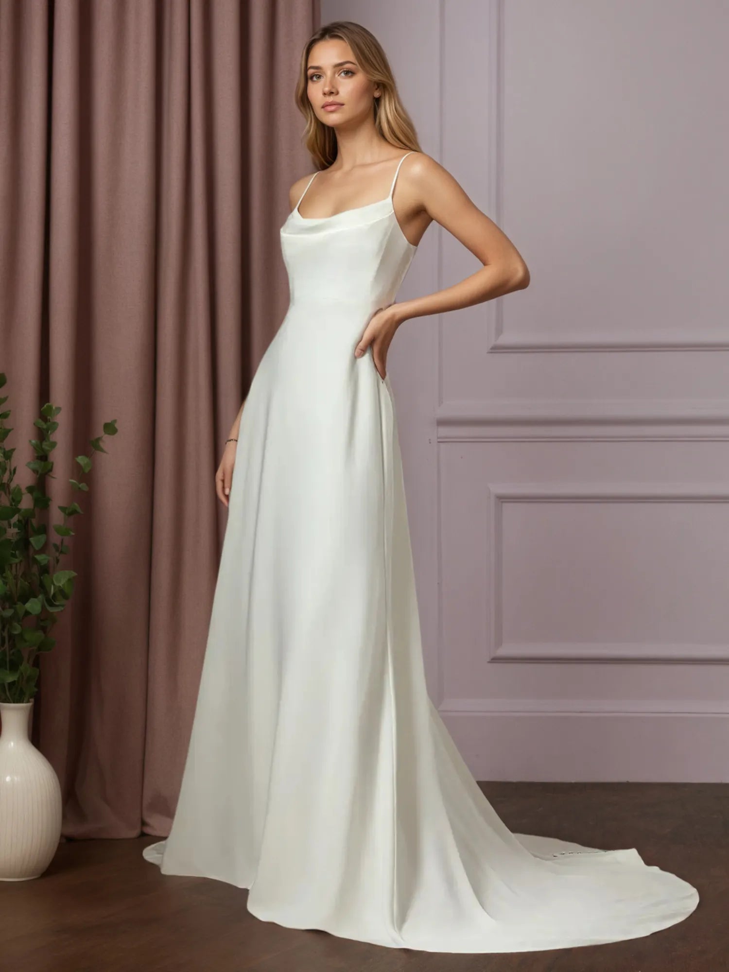 White A-Line Beaded Crepe Back Satin Wedding Dress