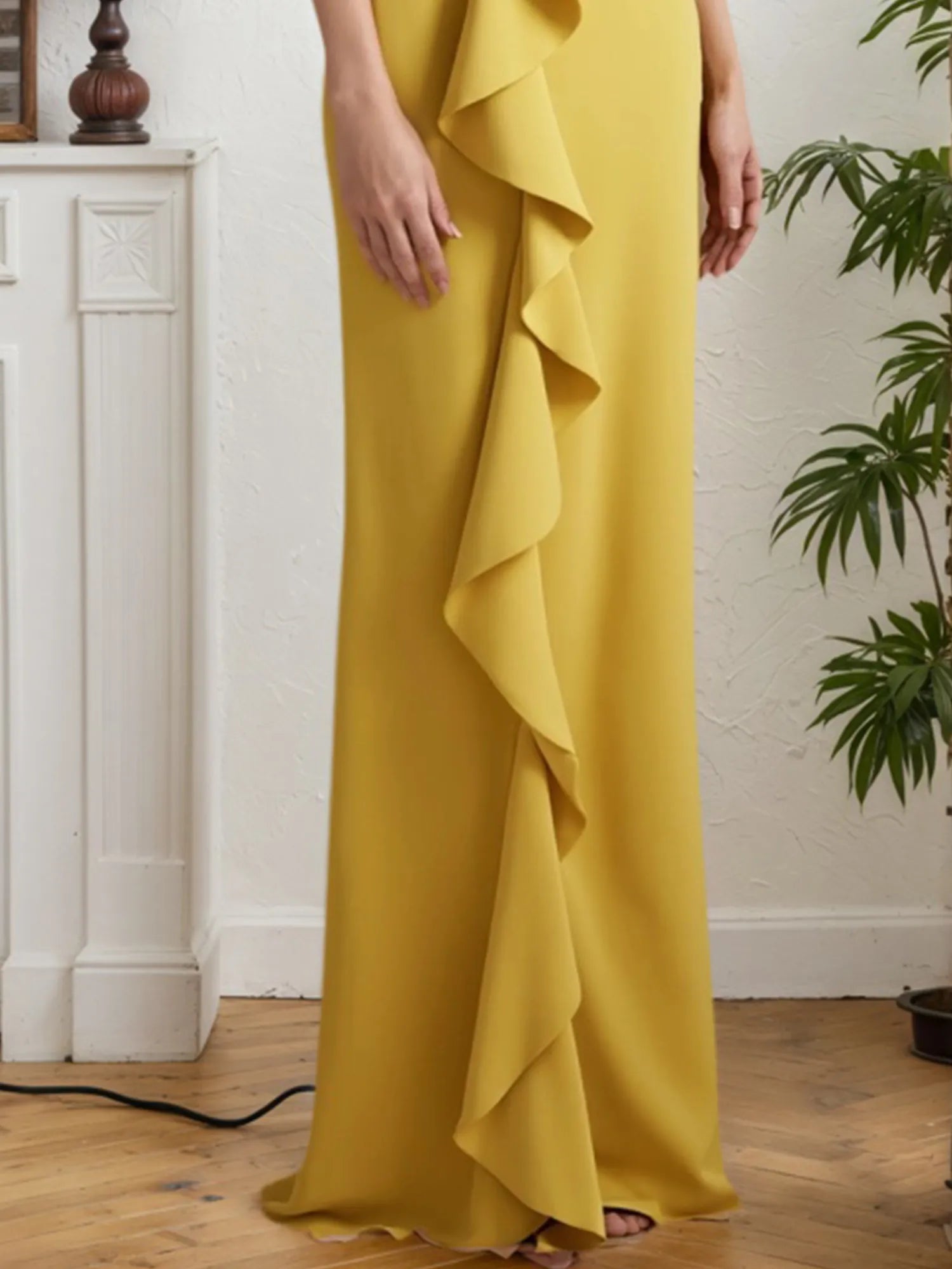 Formal Evening Gown Yellow One Shoulder Ruffle Maxi Dress