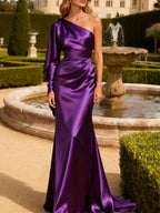Vestido formal largo de satén tipo trompeta/sirena con un solo hombro y manga larga