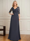 A-Linien V-Ausschnitt bodenlanges Spitzen-Chiffon Kleid der Brautmutter mit plissierten Pailletten