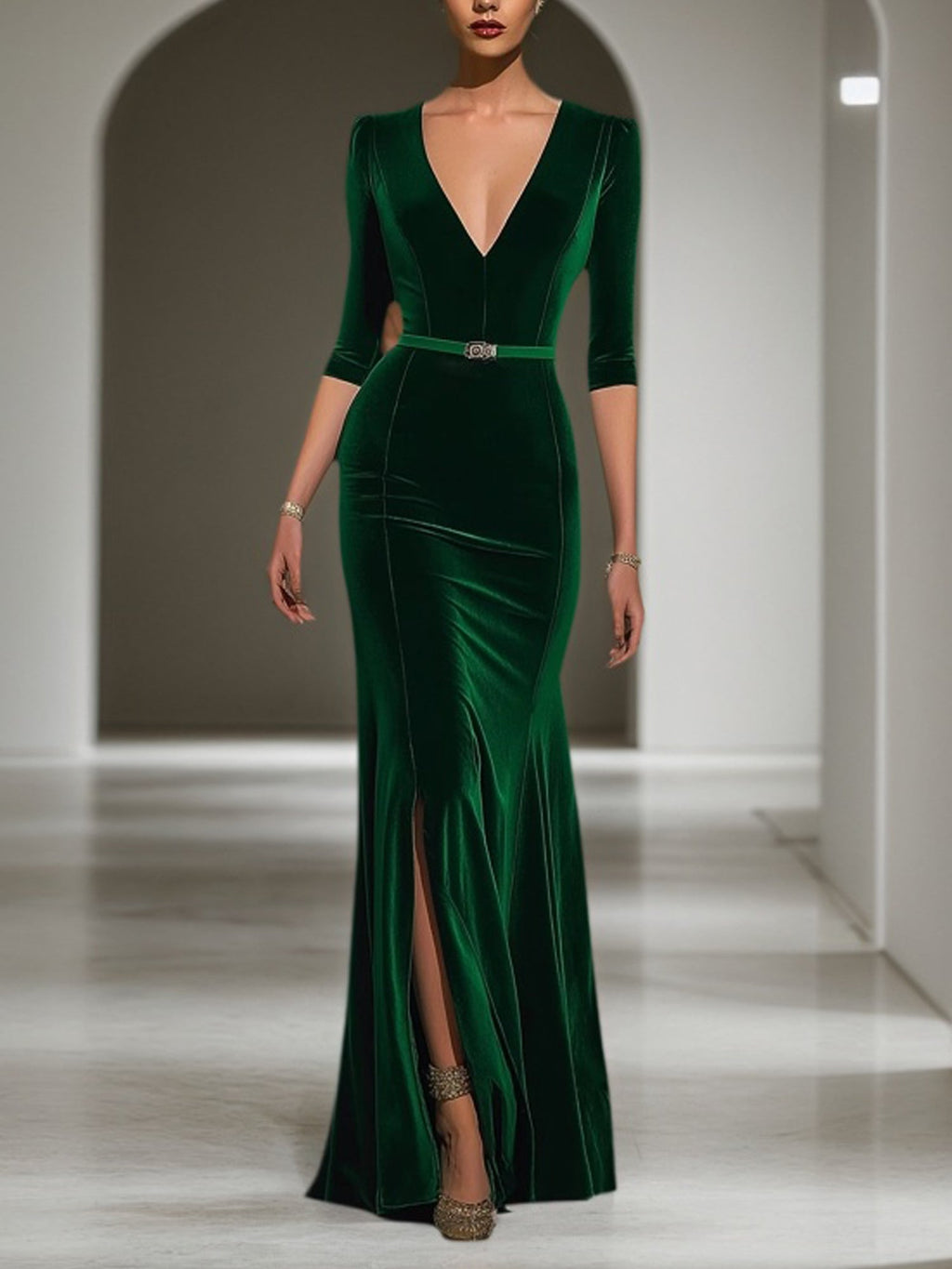 Robe de soirée longue en velours vert profond décolleté en V pour mère de la mariée