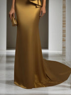 Formal Evening Dress Golden V Neck Maxi Satin Dress