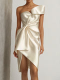 Off-White One-Shoulder Ruched Satin Sheath Mini Dress