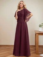 Vestido de mãe da noiva em chiffon e renda com ilusão decote redondo, em linha A, comprimento até o chão com lantejoulas