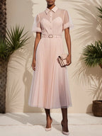 Robe midi plissée rose classique à col chemise et manches courtes ligne A