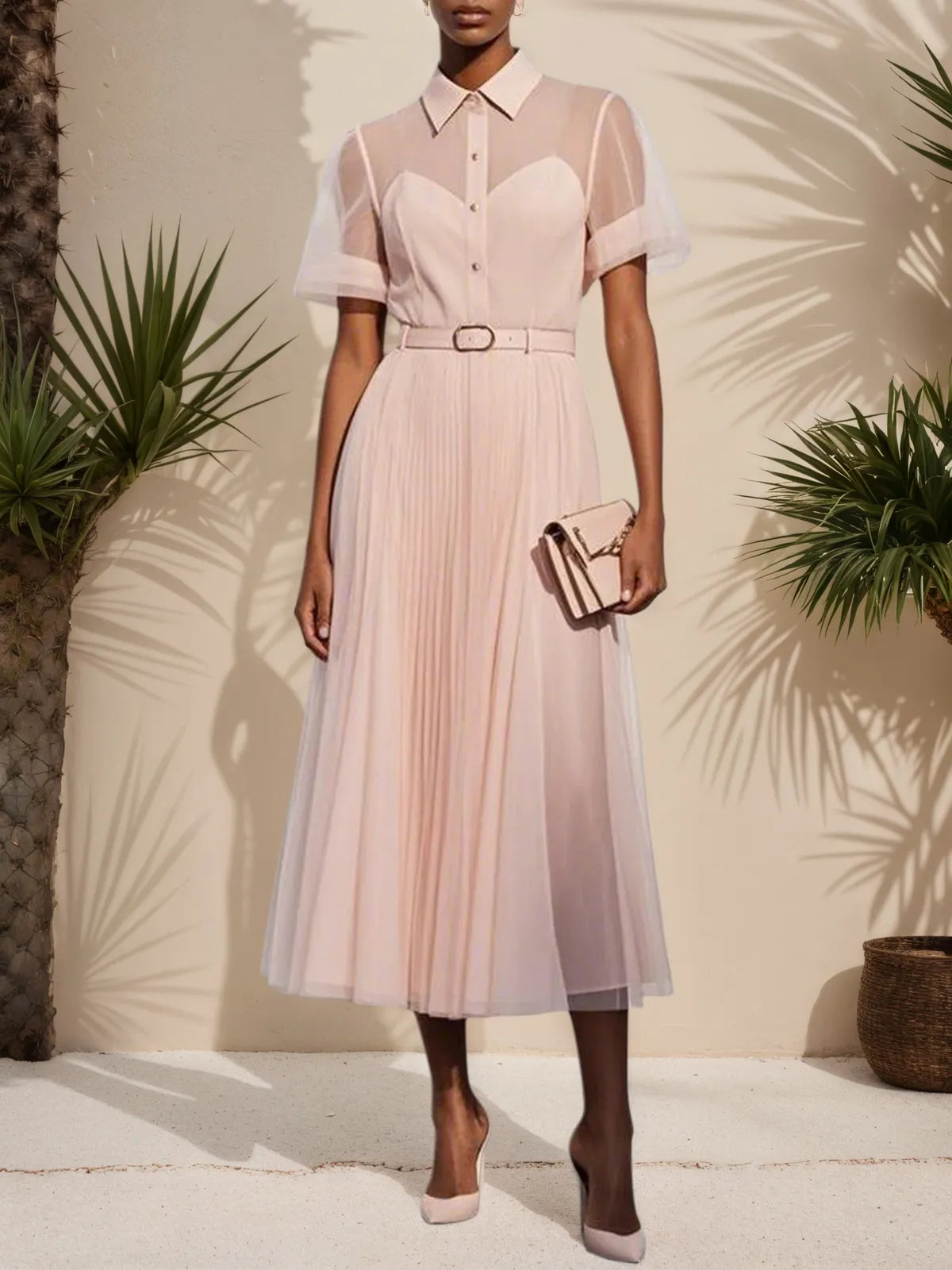Robe midi plissée rose classique à col chemise et manches courtes ligne A