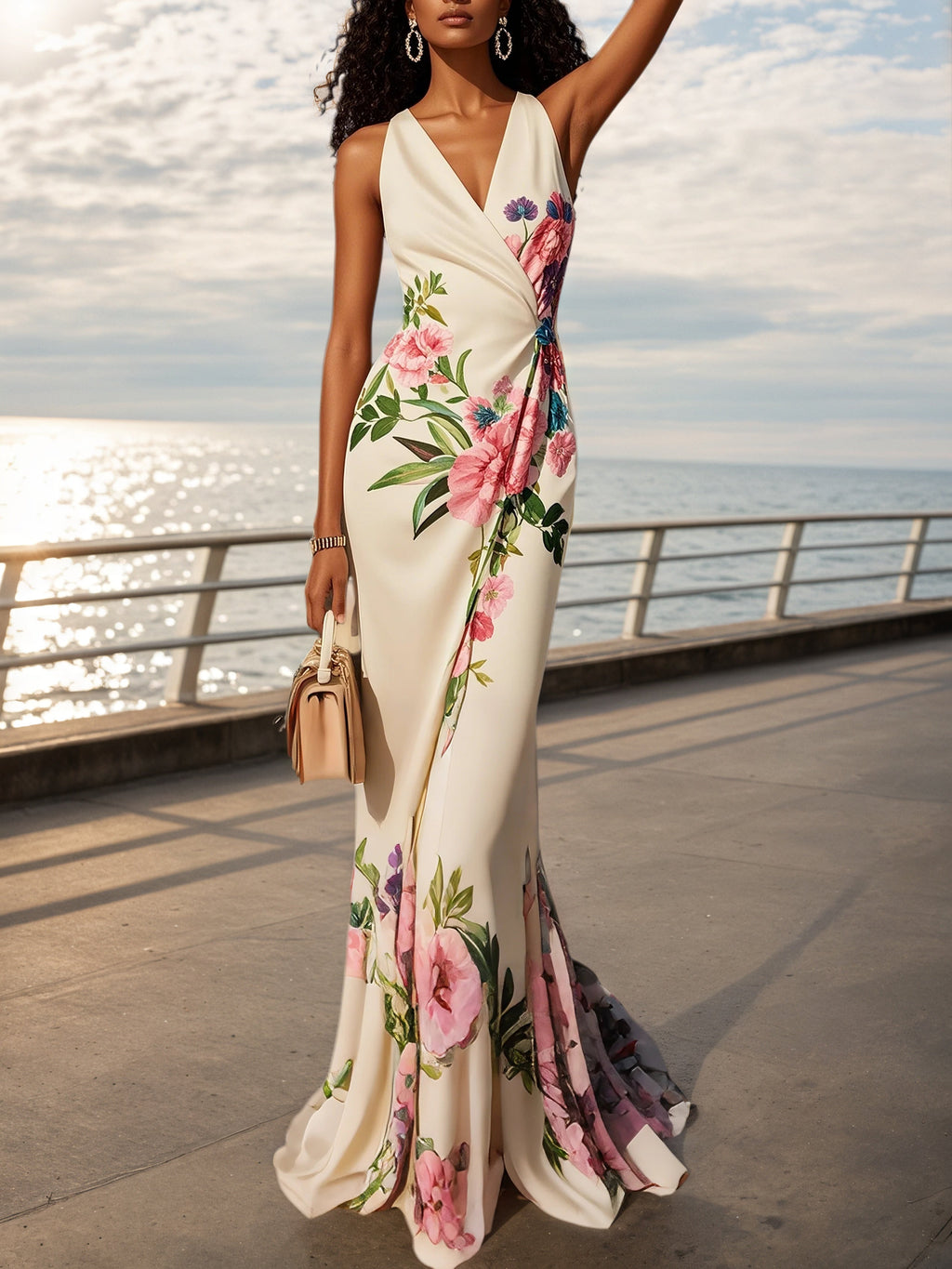Vestido rosa com estampa floral, decote em V cruzado, sem mangas, estilo sereia