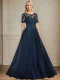 A-Linien Rundhals Illusions-Bodenlanges Chiffon-Spitzenkleid für die Mutter der Braut mit Pailletten und Perlen