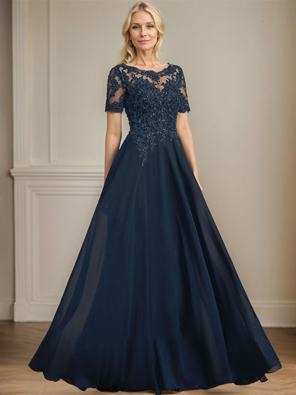 A-Linien Rundhals Illusions-Bodenlanges Chiffon-Spitzenkleid für die Mutter der Braut mit Pailletten und Perlen