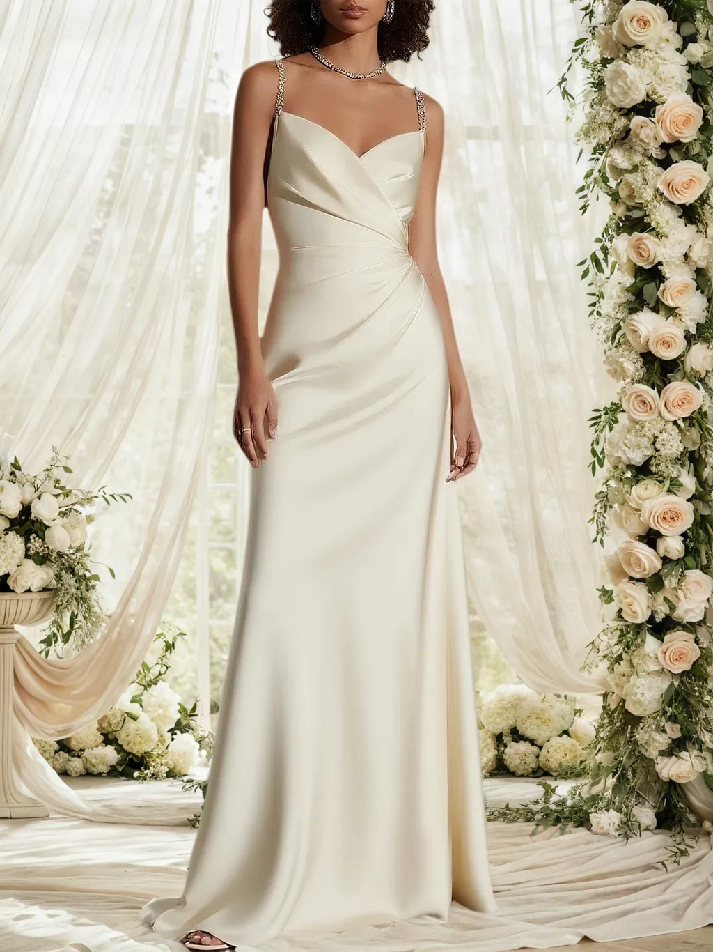 Beiges gerafftes Satin Spaghetti-Träger A-Linien Kleid Brautkleid/Hochzeitskleid