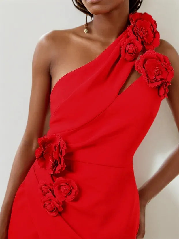 Robe midi rouge à fleurs 3D, une épaule, fourreau