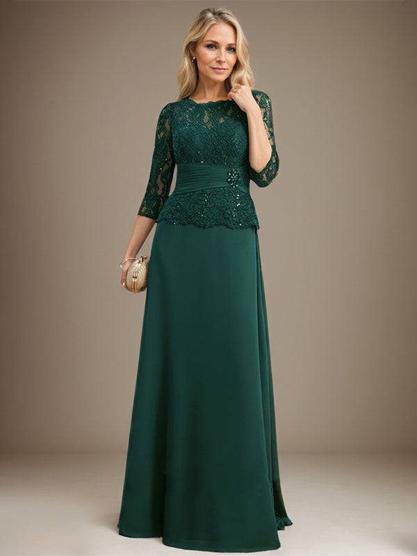 A-Linien Kleid mit Scoop-Ausschnitt, Illusion, bodenlangem Chiffon und Spitze, Mutter-der-Braut-Kleid mit plissierten Pailletten und Perlenbesatz