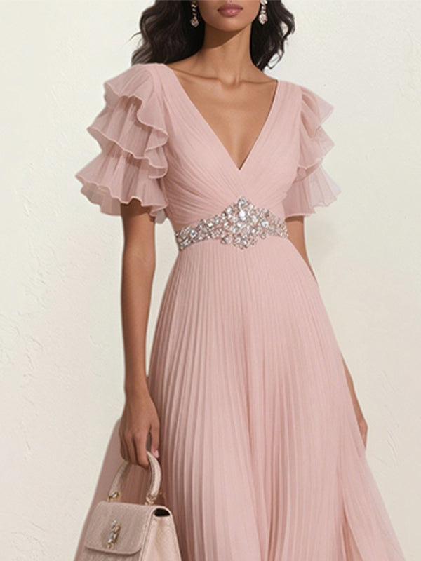 A Line Pink Chiffon V Neck Rhinestone Ruffle Sleeve Ankle Length Dress