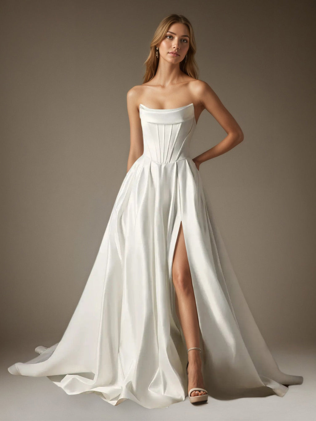 Vestido de novia de satén sin tirantes en línea A con falda de gala blanca